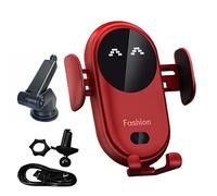 Smart Wireless Car Charger,Chargeur sans Fil Voiture,15W Qi Chargeur Induction Voiture,Chargeur sans Fil Voiture Rapide Automatic Clamping Porte Clip De Sortie d'air Support Téléphone (Rouge+Ventouse)