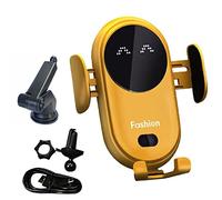 Smart Wireless Car Charger,Chargeur sans Fil Voiture,15WQi Chargeur Induction Voiture,Chargeur sans Fil Voiture Rapide Automatic Clamping Porte Clip De Sortie d'air Support Téléphone(Jaune+Ventouse)