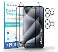 smartect Verre Trempé 2 + 2 Pièces Full Screen pour iPhone 15 Pro | Écran + Caméra, incl. Outil d'alignement, Vitre de Protection Anti-Rayures, Sans Bulles, Dureté 9H, Ultra Résistant