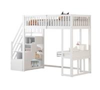 SmartEdge Lit mezzanine 90 x 200 cm avec bureau et tiroirs, lit multifonction pour adolescent avec escalier de rangement, gain de place, en bois massif avec protection contre les chutes, pour enfants