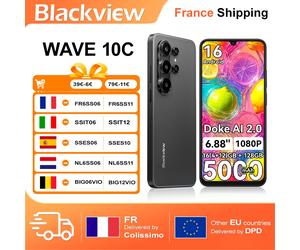 Smartphone Blackview Wave 10C, Écran IPS HD+ 6,88 pouces, 4GB RAM+32GB ROM/4GB RAM+128GB ROM, corps fin 9,1mm léger 205g, appareil photo 32MP compatible vidéo FHD 1080P, batterie 5000mAh, Doke AI 2.0,