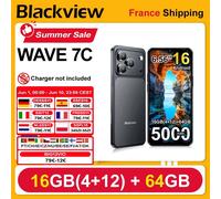 Smartphone Blackview WAVE 7C, écran HD+ IPS 6,56'', batterie 5000 mAh, 16 Go (4+12) + 64 Go, processeur Unisoc, appareils photo 32MP + 13MP, 4G, Android 16, Double SIM Bleu