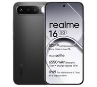 Smartphone realme 16 5G, 6GB+256GB, Écran AMOLED 120Hz 6,57", Batterie 6550mAh, Caméra 50MP Sony IMX852, IP69Pro, Recharge Rapide 45W, Double SIM, NEXTAi, Noir (sans Adaptateur)