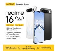 Smartphone realme 16 5G version Europe, puce MediaTek Dimensity 6400 Turbo, écran AMOLED 6,57 pouces 120 Hz, batterie 6550 mAh Titan, charge rapide 45 W, IP69. White