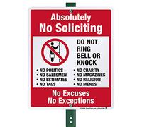 SmartSign 12 x 10 inch “Absolutely No Soliciting - No Excuses, No Exceptions, Do Not Ring/Knock” Yard Sign with 3 foot Stake, 40 mil Laminated Rustproof Aluminum, Red, Black and White, Set of 1