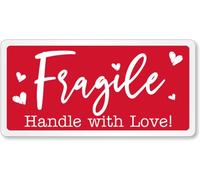 SmartSign Handle with Love Fragile Autocollants - 5,1 x 10,2 cm, 100 / rouleau, étiquettes d'expédition amusantes fragiles, papier semi-brillant, adhésif permanent, blanc sur rouge, fabriqué aux