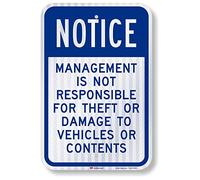 SmartSign - K-8583-HI-12x18 "Notice - Management Is Not Responsible For Theft Or Damage To Vehicles" | 30,5 x 45,7 cm 3M Aluminium réfléchissant haute intensité