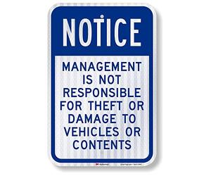 SmartSign - K-8583-HI-12x18 "Notice - Management Is Not Responsible For Theft Or Damage To Vehicles" | 30,5 x 45,7 cm 3M Aluminium réfléchissant haute intensité
