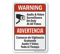 SmartSign Panneau bilingue « Warning - Audio & Video Surveillance On Duty At All Times » en aluminium 17,8 x 25,4 cm