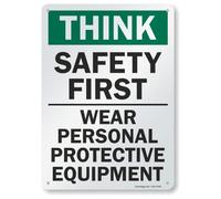 SmartSign Panneau de sécurité « Safety First Wear Personal Protective Equipment » Noir/vert sur blanc, 14" x 10", Noir/vert sur blanc., 1