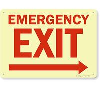 SmartSign Panneau en aluminium photoluminescent, légende « sortie d'urgence » avec flèche droite, 25,4 cm de haut x 35,6 cm de large, rouge sur lueur