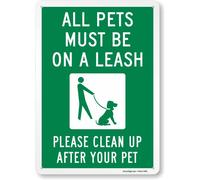 SmartSign Panneau en métal avec symbole chien sur laisse « All Pets Must Be On A Leash Please Clean Up After Your Pet » - 35,6 x 25,4 cm - Aluminium laminé antirouille de 40 mm - Vert et blanc