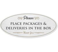 SmartSign Panneau ovale design « Please Place Packages & Deliveries In The Box », dos adhésif 3M et trous pré-percés, 8,9 x 20,3 cm, panneau vintage pour porte/mur, aluminium 32 mm, fabriqué aux