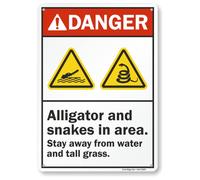 SmartSign Plaque en métal « Danger - Alligator And Snakes In Area - Stay Away From Water », aluminium laminé antirouille de 40 mm, multicolore