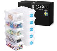 SmartStore 0.3L Petites Boîtes Rangement Plastique avec Couvercles Lot de 10 Transparentes Emboîtables et Empilables Apte au contact alimentaire, sans BPA Fermeture à Clips Blancs- L 15 x l 9 x H 6 cm