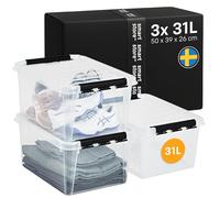 SmartStore Boite rangement Lot de 3 boites rangement plastique 32 l, bac plastique avec couvercle, verrouillables, empilables et emboîtables, sans BPA, 50 x 39 x 26 cm, Claire