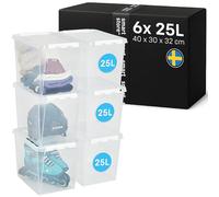 SmartStore Boîte de Rangement | Lot de 6 grandes caisses 25L | 40x30x32cm | Boîtes empilables avec couvercle pour dressing & sous le lit | grande caisse plastique alimentaire transparente | bac, casier