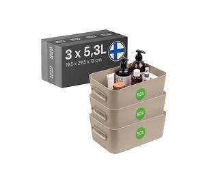 SmartStore Boîtes de Rangement 3x 5,3L beige | 29,5x19,5x12cm | Panier ou bac plastique avec poignées, petite boite empilable pour tiroir, placard, salle de bain, cuisine et chambre