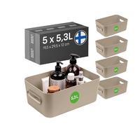 SmartStore Boîtes de Rangement 5x 5,3L beige | 29,5x19,5x12cm | Panier ou bac plastique avec poignées, petite boite empilable pour tiroir, placard, salle de bain, cuisine et chambre