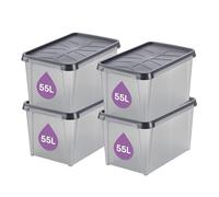 SmartStore Boites de Rangement en Plastique Garage avec Couvercles - Lot de 4 - Transparentes - IP44 - Étanches, Emboîtables et Empilables - Aptes au Contact Alimentaire - L 60 x l 40 x H 35 cm - 55L