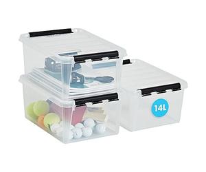 SmartStore Lot de 3 boîtes de rangement avec couvercle, 14 l, renforcées, transparentes, adaptées à un usage alimentaire, avec fermeture à clip, empilables, en plastique sans BPA, 40 x 30 x 18 cm (L x