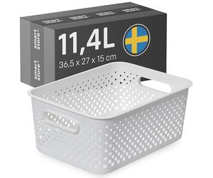 SmartStore Panier de Rangement avec Poignées 11,4L blanc | 36,5x27x15cm | Boite plastique 95 % recyclé, organisateur et petite corbeille pour tiroir, étagère, placard, cuisine et salle de bain