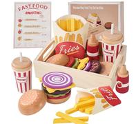 Smartwo Accessoire Cuisine Enfant, Jouet Hamburger en Bois, Dinette Enfant 2 Ans, Jeux de Rôle Simulé pour Les Tout-Petits avec Frites, Boissons et Menu, Cadeau Garcon Fille 2 3 4 5 Ans