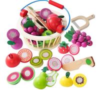 Smartwo Dinette Enfant 2 3 Ans, Panier à Fruits en Bois, Fruits en Bois à Découper, Cuisine Aliments Jouets, Fruit et Legumes Jeux Enfant, Cadeau Fille Garçon 2 3 4 5 Ans