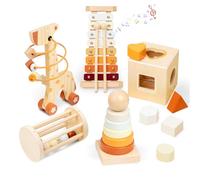 Smartwo Jeux Montessori en Bois 5 en 1, Motricité Fine Bébé 1 2 3 Ans, Jouet Éducatif Eveil Enfant avec Tour à Empiler, Xylophone, Trieur de Forme, Coffret Cadeau d'anniversaire Fille Garcon