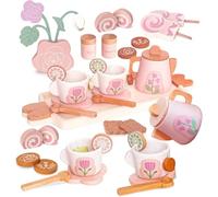 Smartwo Service à Thé et à Dessert pour Fête de Filles 24PCS, Dinette Enfant en Bois Jouet Fille 2 3 4 5 Ans Accessoire Cuisine Tout-Petits Bois Jeux de Rôle de Tea Party Cadeau Rose