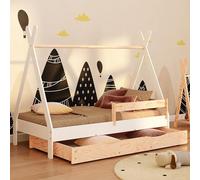 smartwood Lit Cabane Enfants 70x140 - Lit Enfant avec Tiroir TIPI D Blanc en Bois de Pin Certifié FSC avec Barrière et Sommier jusqu'à 230 kg - pour Fille et Garçon - Montage Facile