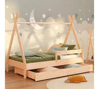 smartwood Lit Cabane Enfants 70x140 - Lit Enfant avec Tiroir TIPI D en Bois de Pin Certifié FSC avec Barrière et Sommier jusqu'à 230 kg - pour Fille et Garçon - Montage Facile