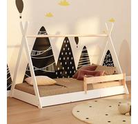 smartwood Lit Cabane Enfants 90x190 cm avec Sommier, en Bois, Blanc, TIPI F | Lit Montessori au sol, barrière de sécurité, accès à 14 cm, charge 230 kg, bois certifié FSC, bords arrondis, montage facile
