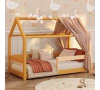 smartwood Lit Cabane Enfants 90x190 en Bois Massif - Lit Enfant en Coloris Jaune avec barrière & Sommier Robuste Jusqu’à 230 kg - Design Scandinave - pour Garçons et Filles - Montage Facile - Milo