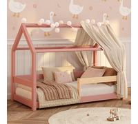 smartwood Lit Cabane Enfants 90x190 en Bois Massif - Lit Enfant en Coloris Rose avec barrière & Sommier Robuste Jusqu’à 230 kg - Design Scandinave - pour Garçons et Filles - Montage Facile - Milo