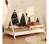 smartwood Lit Cabane Enfants 90x190 - Lit Enfant TIPI Blanc en Bois de Pin Certifié FSC avec Barrière et Sommier jusqu'à 230 kg - pour Fille et Garçon - Montage Facile
