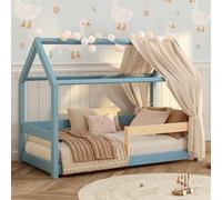 smartwood Lit Cabane Enfants 90x200 en Bois Massif - Lit Enfant en Coloris Bleu avec barrière & Sommier Robuste Jusqu’à 230 kg - Design Scandinave - pour Garçons et Filles - Montage Facile - Milo