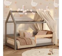 smartwood Lit Cabane Enfants 90x200 en Bois Massif - Lit Enfant en Coloris Gris avec barrière & Sommier Robuste Jusqu’à 230 kg - Design Scandinave - pour Garçons et Filles - Montage Facile - Milo