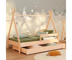 smartwood Lit Cabane Enfants 90x200 - Lit Enfant avec Tiroir TIPI D en Bois de Pin Certifié FSC avec Barrière et Sommier jusqu'à 230 kg - pour Fille et Garçon - Montage Facile