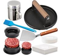 Smash Kit de presse à hamburger 7 pièces - Presse à hamburger 3 en 1, presse à hamburger en fonte de 17,8 cm, spatule, papiers à galettes antiadhésifs, shaker d'assaisonnement et brosse, broyeur à