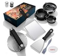 Smash Kit de presse à hamburger 8 pièces - Presse à hamburger, machine à galettes 3 en 1, spatule à hamburger, grattoir, brosse à sauce, 100 pièces de papier à galette, salière, presse à hamburger