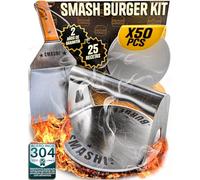 SMASHI® Smash Burger Kit professionnel en acier inoxydable 304 certifié EU Contact alimentaire | Presse à hamburgers + spatules avec manche en bois + accessoires | Comprend 25 recettes (basique)
