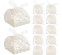 SMASOLO 50 Pièces Boîtes à Dragées Creuses en Papier Robuste avec Motifs Ajourés de Roses et Rubans Décoratifs, Couleur Beige Clair, Lot de 50 Pièces, Coffrets Présents Élégants pour