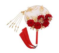 SMASOLO Éventail Rond Chinois Rouge à Main 5 Fleurs en Tissu Accessoire de Mariage Traditionnel Ventilateur Antique pour Cérémonie Nuptiale et Décoration Festive Léger et Compact