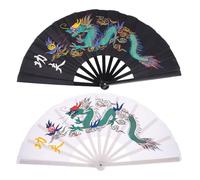 SMASOLO Lot de 2 Éventails Pliants Kung-Fu en Plastique, Éventail Traditionnel Chinois à Motif Dragon Noir et Blanc, Ventilateur de Poche Sonore pour Tai-Chi, Danse, Arts Martiaux et