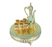 SMASOLO Service à Café Turc Vintage en Métal avec Motif Château - Ensemble Complet Comprenant Théière Plateau et Verres à Vin Couleur Bleu Vert pour Réceptions et Dégustations