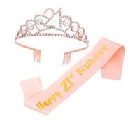 SMASOLO Set de Couronne Anniversaire Rose Doré avec Écharpe Serre-tête Décoratif pour Fête Anniversaire Fille Accessoire Photobooth et Décoration Festive