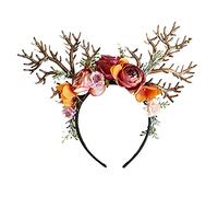 Smavles Serre Tête Noël Bandeau de Noël Bandeau Bois de Cerf Serre-Tête Renne avec Fleurs pour Noël, Fête, Carnaval, Halloween, Cosplay