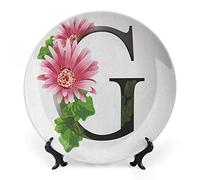 SMAZDFXX Assiette décorative en porcelaine de 20 cm, lettre G, motif gerbera, décoration murale en céramique, pour la maison, le bureau, les fêtes, le dîner, rose, vert et noir