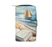 SMAZDFXX Beach Window Book Desk Sunflower Leather Wallet Purse Holder with ID Window Long Coin Clutch for Men Women